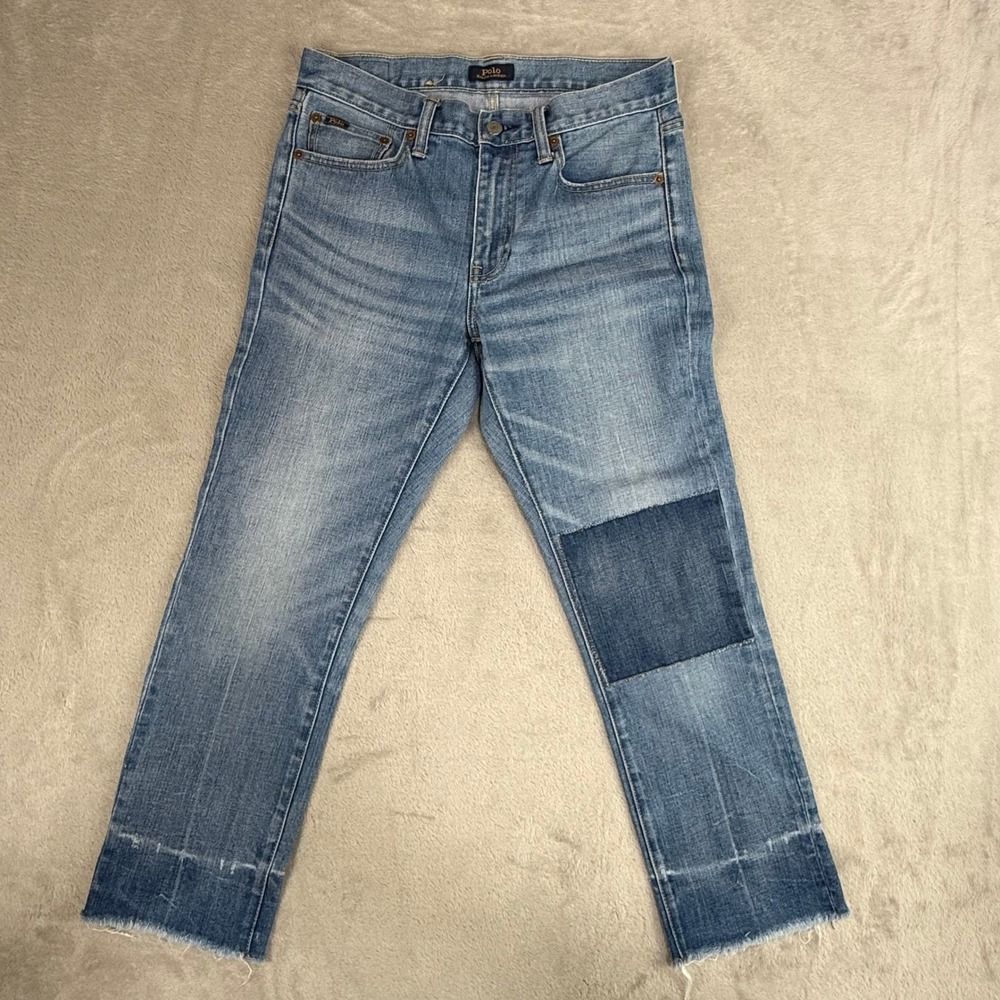 Polo Ralph Lauren Waverly Straight Crop Jeans Women 29 Blue Patchwork Distressed